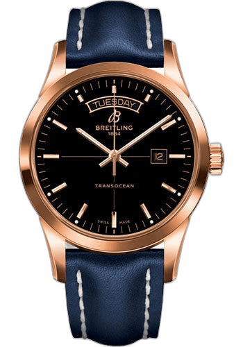 Breitling 43mm Transocean Day & Date Watch - 18k Red Gold - Black Dial - Blue Leather Strap - Folding Buckle - R4531012/BB70/112X/R20D.1 Watch Ref. R4531012/BB70/112X/R20D.1