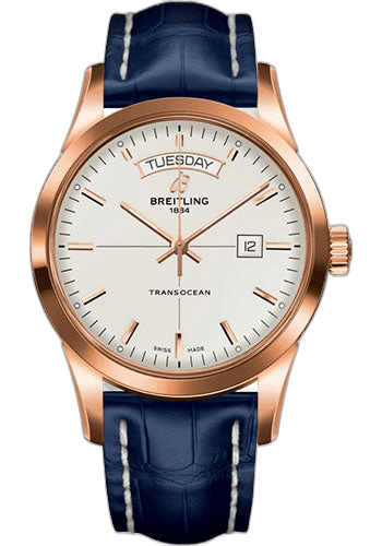 Transocean Day & Date Watch - 18k Red Gold - Mercury Silver Dial - Blue Croco Strap - Folding Buckle - R4531012/G752/732P/R20D.1 43mm — Breitling Ref. R4531012/G752/732P/R20D.1