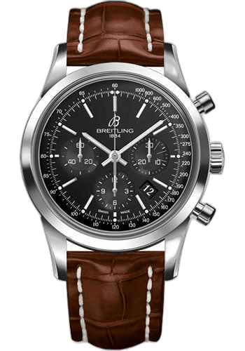 Transocean Chronograph Watch - Steel - Black Dial - Gold Croco Strap - Folding Buckle - AB015212/BA99/738P/A20D.1 43mm · Breitling AB015212/BA99/738P/A20D.1