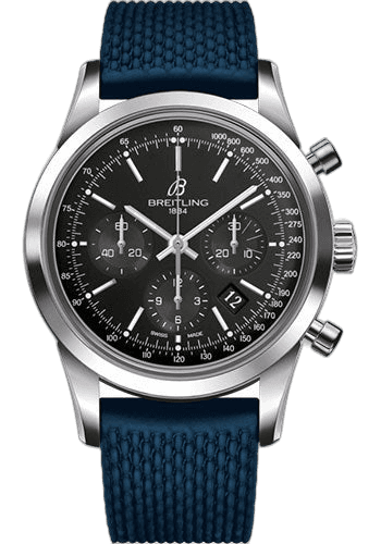 Transocean Chronograph Watch - Steel - Black Dial - Blue Rubber Aero Classic Strap - Tang Buckle - AB015212/BA99/280S/A20S.1 43mm by Breitling — AB015212/BA99/280S/A20S.1