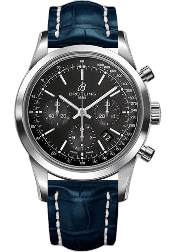 Breitling Transocean Chronograph Watch - Steel - Black Dial - Blue Croco Strap - Tang Buckle - AB015212/BA99/731P/A20BA.1 43mm Ref. AB015212/BA99/731P/A20BA.1