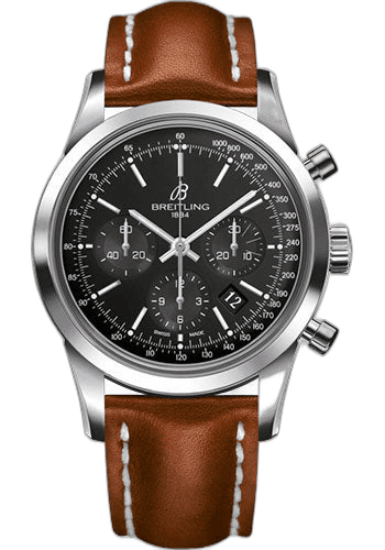 Transocean Chronograph Watch - Steel - Black Dial - Gold Leather Strap - Tang Buckle - AB015212/BA99/433X/A20BA.1 43mm by Breitling — AB015212/BA99/433X/A20BA.1