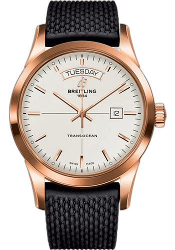 Breitling 43mm Transocean Day & Date Watch - 18k Red Gold - Mercury Silver Dial - Black Rubber Aero Classic Strap - R4531012/G752/279S/R20D.3 — Ref. R4531012/G752/279S/R20D.3