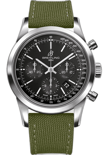 Transocean Chronograph Watch - Steel - Black Dial - Khaki Green Military Strap - Tang Buckle - AB015212/BA99/106W/A20BA.1 43mm Breitling Ref. AB015212/BA99/106W/A20BA.1