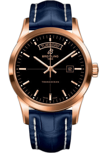 Breitling Transocean Day & Date Watch - 18k Red Gold - Black Dial - Blue Croco Strap - Folding Buckle - R4531012/BB70/732P/R20D.1 43mm (R4531012/BB70/732P/R20D.1