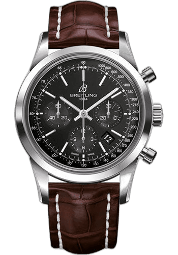 Transocean Chronograph Watch - Steel - Black Dial - Brown Croco Strap - Folding Buckle - AB015212/BA99/740P/A20D.1 43mm Breitling Ref. AB015212/BA99/740P/A20D.1