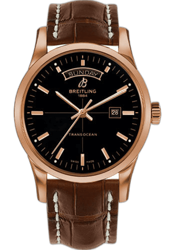 Breitling Transocean Day & Date Watch - 43mm Red Gold Case - Black Dial - Gold Croco Strap - R4531012/BB70/738P/R20D.1 Watch Ref. R4531012/BB70/738P/R20D.1