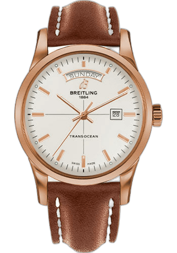 Breitling Transocean Day & Date Watch - 43mm Red Gold Case - Mercury Silver Dial - Gold Leather Strap - R4531012/G752/434X/R20D.1 — Ref. R4531012/G752/434X/R20D.1