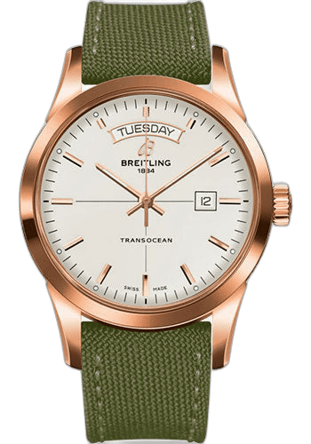 Transocean Day & Date Watch - 18k Red Gold - Mercury Silver Dial - Khaki Green Military Strap - Tang Buckle - R4531012/G752/106W/R20BA.1 43mm by Breitling — R4531012/G752/106W/R20BA.1