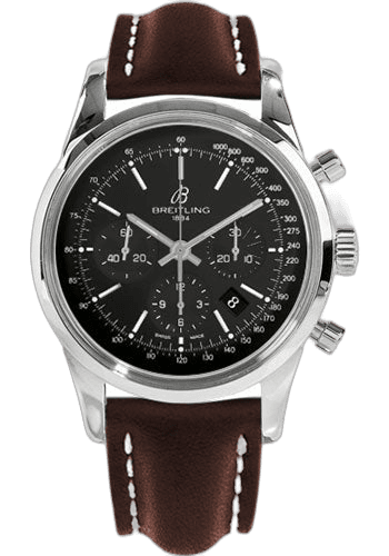 Transocean 01 Chronograph Watch - 43mm Steel Case - Black Dial - Brown Leather Strap - AB015212/BA99/438X/A20D.1 · Breitling — AB015212/BA99/438X/A20D.1