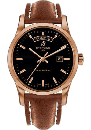 Breitling Transocean Day & Date Watch - 43mm Red Gold Case - Black Dial - Gold Leather Strap - R4531012/BB70/434X/R20D.1 Watch Ref. R4531012/BB70/434X/R20D.1