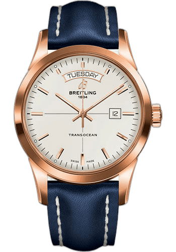 Transocean Day & Date Watch - 18k Red Gold - Mercury Silver Dial - Blue Leather Strap - Tang Buckle - R4531012/G752/105X/R20BA.1 · Breitling 43mm — R4531012/G752/105X/R20BA.1