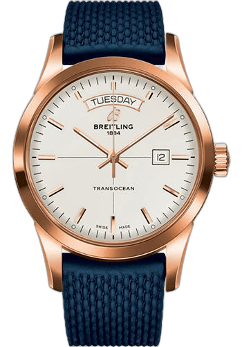 Breitling Transocean Day & Date Watch - 18k Red Gold - Mercury Silver Dial - Blue Rubber Aero Classic Strap - R4531012/G752/281S/R20D.3 43mm Watch Ref. R4531012/G752/281S/R20D.3