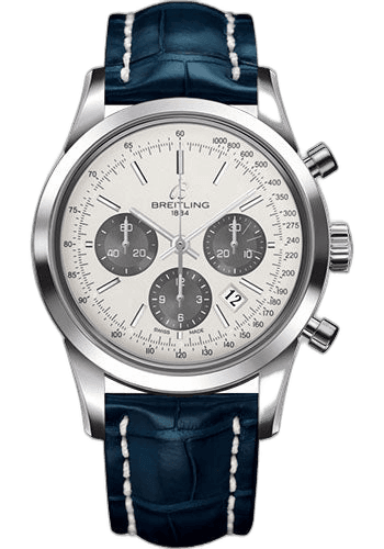 Breitling Transocean Chronograph Watch - Steel - Mercury Silver Dial - Blue Croco Strap - Tang Buckle - AB015212/G724/731P/A20BA.1 43mm (AB015212/G724/731P/A20BA.1