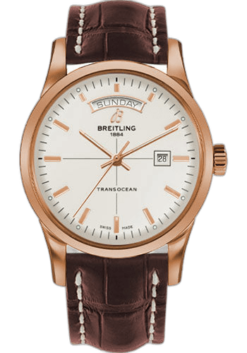 Breitling Transocean Day & Date Watch - 43mm Red Gold Case - Mercury Silver Dial - Brown Croco Strap - R4531012/G752/740P/R20D.1 Watch Ref. R4531012/G752/740P/R20D.1