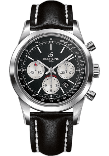 Breitling Transocean Chronograph Watch - Steel - Black Dial - Black Leather Strap - Tang Buckle - AB015212/BF26/435X/A20BA.1 43mm