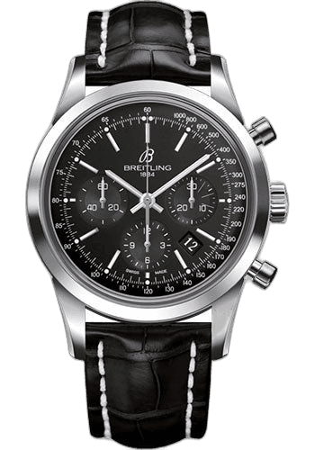 Transocean Chronograph Watch - Steel - Black Dial - Black Croco Strap - Folding Buckle - AB015212/BA99/744P/A20D.1 43mm — Breitling Ref. AB015212/BA99/744P/A20D.1