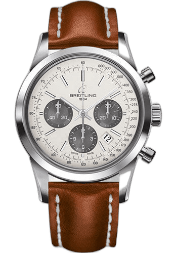 Breitling Transocean Chronograph Watch - Steel - Mercury Silver Dial - Gold Leather Strap - Folding Buckle - AB015212/G724/434X/A20D.1 43mm Watch Ref. AB015212/G724/434X/A20D.1