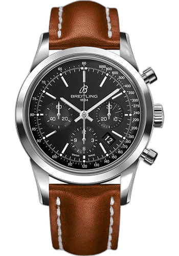 Breitling Transocean Chronograph Watch - Steel - Black Dial - Gold Leather Strap - Folding Buckle - AB015212/BA99/434X/A20D.1 43mm