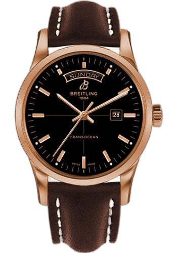 Breitling Transocean Day & Date Watch - 43mm Red Gold Case - Black Dial - Brown Leather Strap - R4531012/BB70/438X/R20D.1 (R4531012/BB70/438X/R20D.1