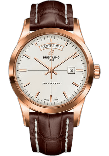 Breitling 43mm Transocean Day & Date Watch - 18k Red Gold - Mercury Silver Dial - Brown Croco Strap - Tang Buckle - R45310121G1P1 — Ref. R45310121G1P1