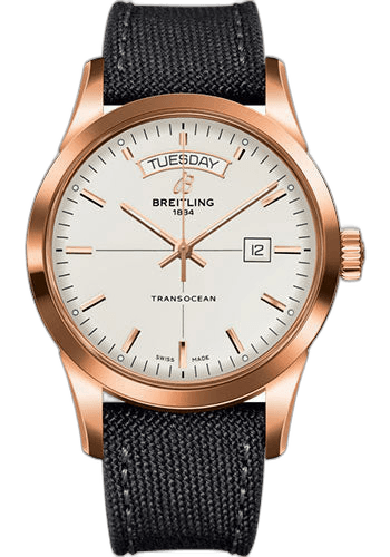 Breitling Transocean Day & Date Watch - 18k Red Gold - Mercury Silver Dial - Anthracite Military Strap - Tang Buckle - R4531012/G752/109W/R20BA.1 43mm