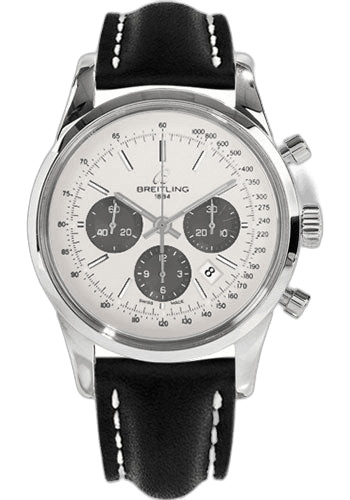 Transocean 01 Chronograph Watch - 43mm Steel Case - Mercury Silver Dial - Black Leather Strap - AB015212/G724/436X/A20D.1 · Breitling — AB015212/G724/436X/A20D.1
