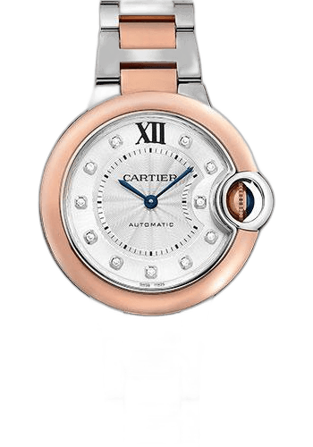 Cartier Ballon Bleu de Cartier Watch - 33 mm Steel and Rose Gold Case - Silvered Diamond Dial - Interchangeable Two-Tone Bracelet - W3BB0021 33mm & Rose Gold Silvered Diamond Dial