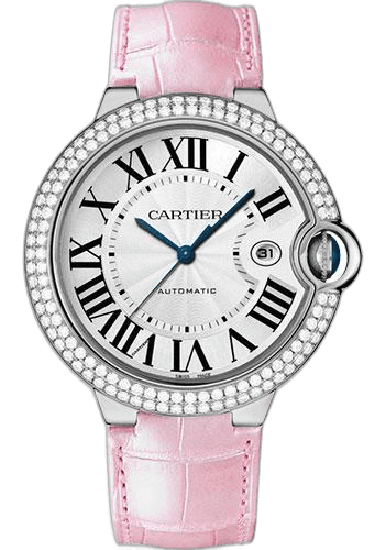 Cartier 42mm Diamond White Dial Ballon Bleu de Cartier Watch - 42 mm White Gold Diamond Case - White Dial - Pink Alligator Strap - WJBB0032 — Ref. WJBB0032