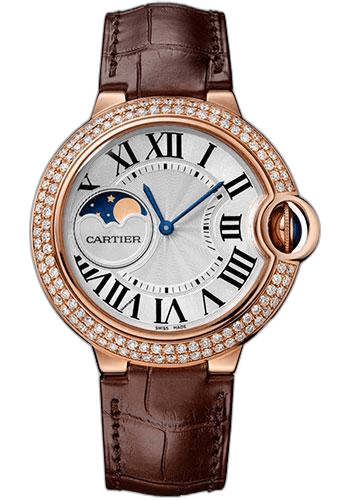 Ballon Bleu de Cartier Moonphase Watch - 37 mm Pink Gold Case - Diamond Paved Bezel - Silver Dial - Brown Alligatgor Strap - WJBB0027 37mm Rose Gold by Cartier — WJBB0027