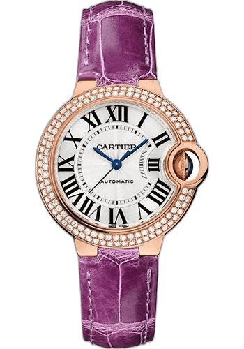 Ballon Bleu de Cartier Watch - 33 mm Rose Gold Diamond Case - Opaline Dial - Purple Alligator Strap - WJBB0051 33mm Diamond Opaline Dial by Cartier — WJBB0051
