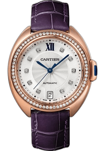 Clé de Cartier Cle de Cartier Watch - 35 mm Pink Gold Diamond Case - Diamond Bezel - Silvered Flinque Dial - Aubergine Alligator Strap - WJCL0039 35mm Rose Gold Diamond Bezel Silvered Flinque Dial — Cartier Ref. WJCL0039