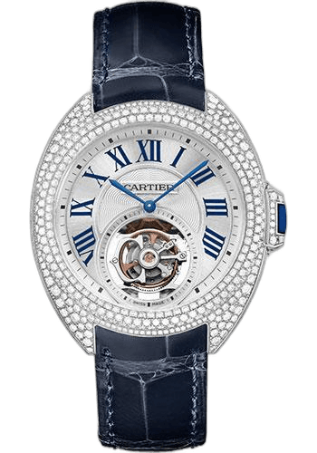Clé de Cartier Cle de Cartier Flying Tourbillon Watch - 35 mm White Gold Diamond Case - Brass Dial - Navy Blue Alligator Strap - HPI00933 · Cartier 35mm Diamond Brass Dial — HPI00933