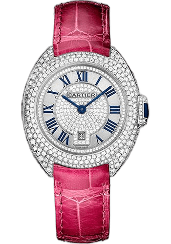 Cartier Clé de Cartier Cle De Cartier Diamond Paved Watch - 31 mm White Gold Diamond Case - Diamond Bezel - Silver Dial - Fuchsia Pink Alligator Strap - WJCL0017 31mm Diamond Bezel Silver Dial Ref. WJCL0017