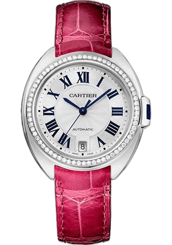 Cartier Clé de Cartier Cle De Cartier Watch - 35 mm White Gold Diamond Case - Diamond Bezel - Silver Dial - Fuchsia Pink Alligator Strap - WJCL0014 35mm Diamond Bezel Silver Dial Watch Ref. WJCL0014