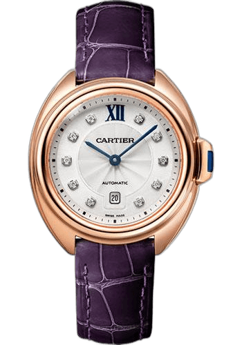 Cartier 31mm Rose Gold Clé de Cartier Cle de Cartier Watch - 31 mm Pink Gold Case - Silvered Diamond Dial - Aubergine Alligator Strap - WJCL0031 Watch Ref. WJCL0031