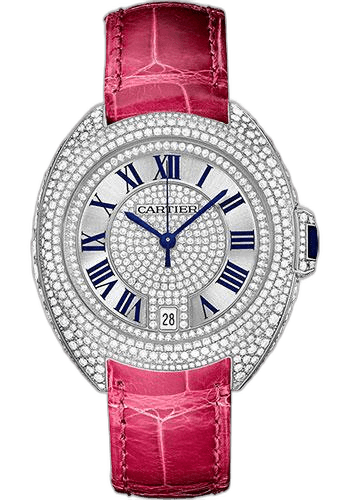 Clé de Cartier Cle De Cartier Watch - 35 mm White Gold Diamond Case - Diamond Bezel - Silver Diamond Dial - Fuchsia Pink Alligator Strap - WJCL0018 35mm Diamond Bezel Silver Diamond Dial · Cartier WJCL0018