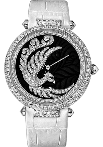Cartier 42.75mm Diamond Pearl Diamond Dial Evol D'un Phoenix Watch - 42.75 mm White Gold Diamond Case - Dark Purple Mother-of-Pearl Diamond Dial - White Alligator Strap - HPI00633 Watch Ref. HPI00633