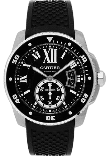 Cartier 42mm Libre Calibre de Cartier Diver Watch - 42 mm Steel Case - Black Dial - Black Rubber Strap - W7100056 — Ref. W7100056