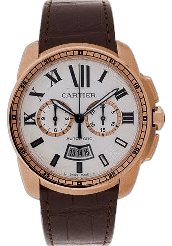 Cartier Libre Calibre de Cartier Chronograph Watch - 42 mm Pink Gold Case - Silver Dial - Brown Alligator Strap - W7100044 42mm Rose Gold Watch Ref. W7100044