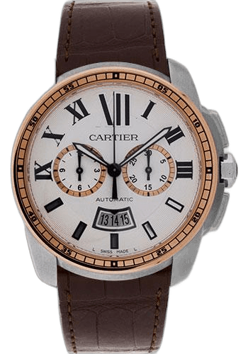 Cartier Libre Calibre de Cartier Chronograph Watch - 42 mm Steel And Pink Gold Case - Silver Dial - Brown Alligator Strap - W7100043 42mm & Rose Gold Silver Dial Watch Ref. W7100043