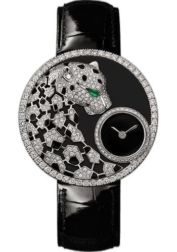 Panthere Dentelle Watch - 36 mm White Gold Diamond Case - Black Dial - Black Leather Strap - HPI01294 36mm Diamond Black Dial by Cartier — HPI01294