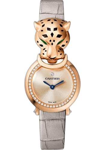 Cartier Panthere La Panthere Watch - 23.6 mm Pink Gold Diamond Case - Pink Dial - Light Gray Leather Strap - HPI01379 23.6mm Rose Gold Diamond Pink Dial Timepiece [HPI01379