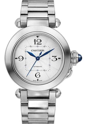 Cartier 35mm Pasha de Cartier Watch - 35 mm Steel Case - Silver Dial - Bracelet - Second Navy Alligator Strap - WSPA0013 — Ref. WSPA0013