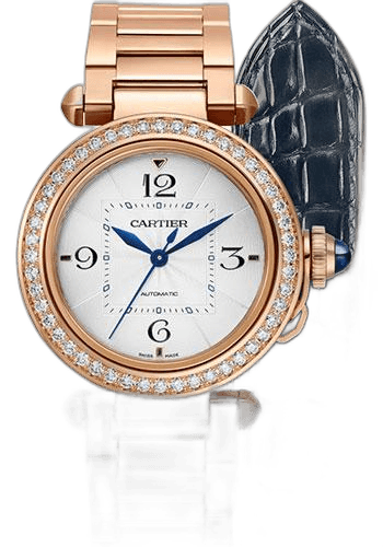 Cartier 35mm Rose Gold Pasha de Cartier Watch - 35 mm Pink Gold Case - Silver Dial - Bracelet - Second Navy Blue Alligator Strap - WJPA0013 — Ref. WJPA0013
