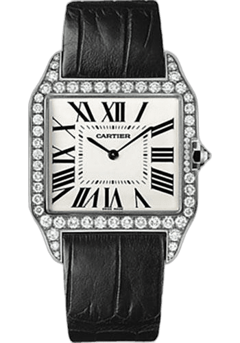 Cartier Diamond Silver Grained Dial Santos Dumont Watch - Large White Gold Diamond Case - Silver Grained Dial - Alligator Strap - WH100651 — Ref. WH100651