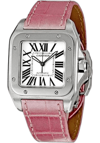 Santos 100 Watch - Medium Steel Case - Pink Alligator Strap - W20126X8 by Cartier — W20126X8