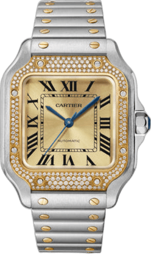 Santos de Cartier Medium Automatic Yellow Gold Steel Diamonds Interchangeable Metal And Leather Bracelets - W3SA0007 · Cartier