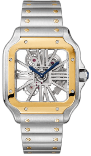 Santos de Cartier Skeleton Large Manual Yellow Gold and Steel Leather Interchangeable Metal and Leather Bracelets - WHSA0019 — Cartier Ref. WHSA0019