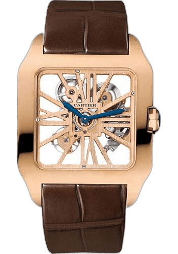 Santos-Dumont Skeleton Watch - 38.7 x 47.4 mm Pink Gold Case - Silver Dial - Brown Alligator Strap - W2020057 47.4mm Rose Gold by Cartier — W2020057